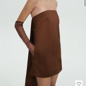 MANGO Elegant Brown Short Satin Strapless Dress